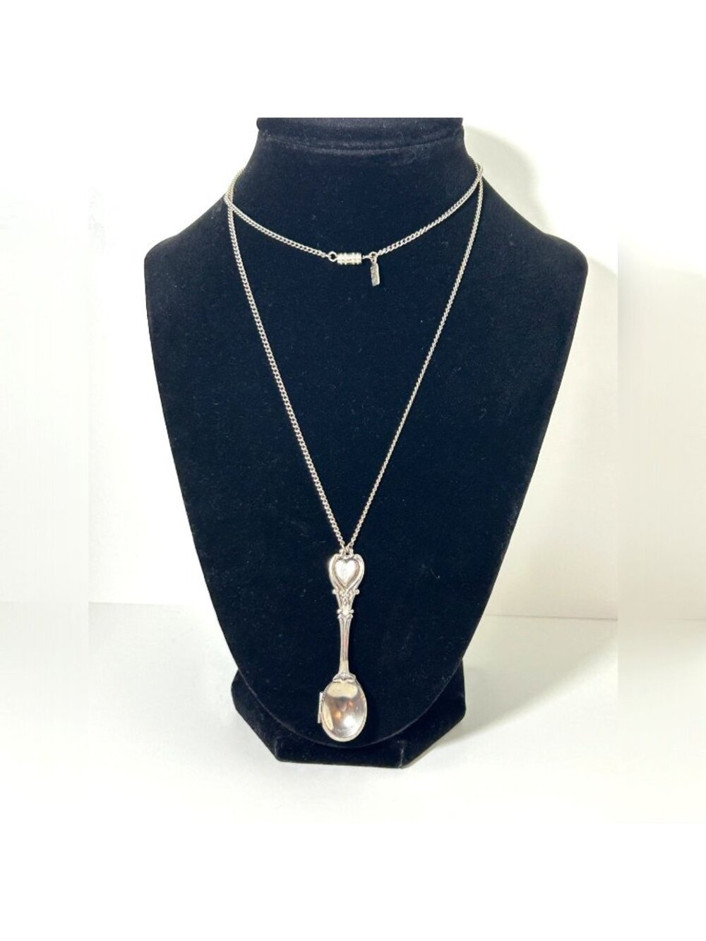 1928 Jewelry Spoon Locket Pendant Necklace Silver Tone Victorian Revival